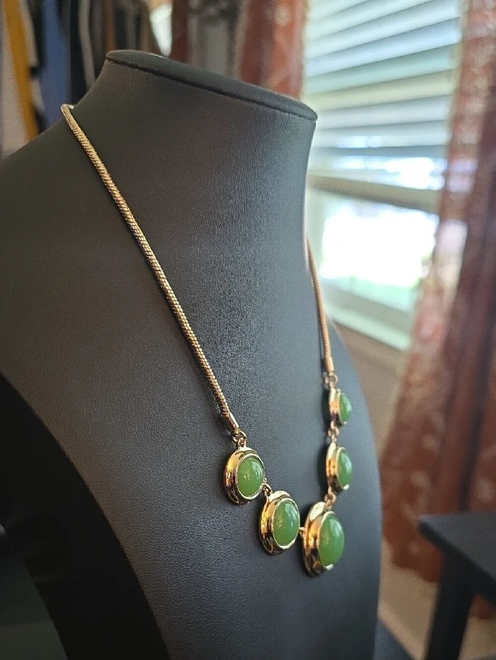 Vintage Signed Monet Gold-Tone Collar Statement Necklace - Mint Green Cabochons